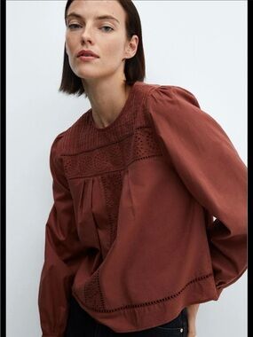 Mango Brick Brown Eyelet-Trim Blouse